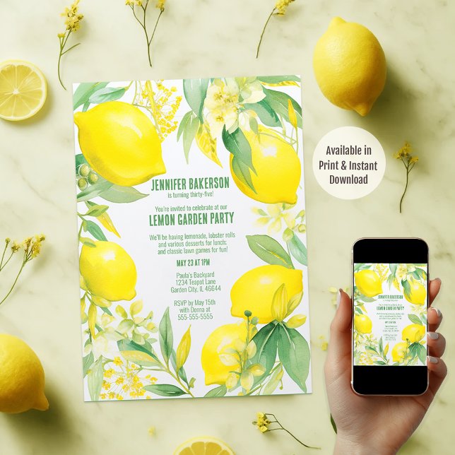 Watercolor Lemon Garden Birthday Party Invitation (Available in Print and Instant Download)