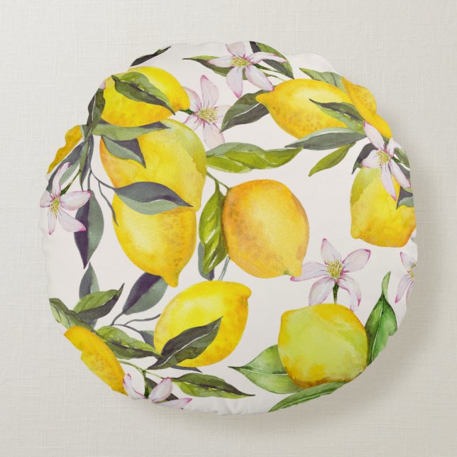Watercolor Lemon Garden Round Pillow (Front)