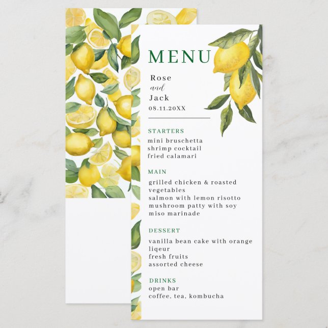 Watercolor Lemon Garden Wedding Menu (Front/Back)