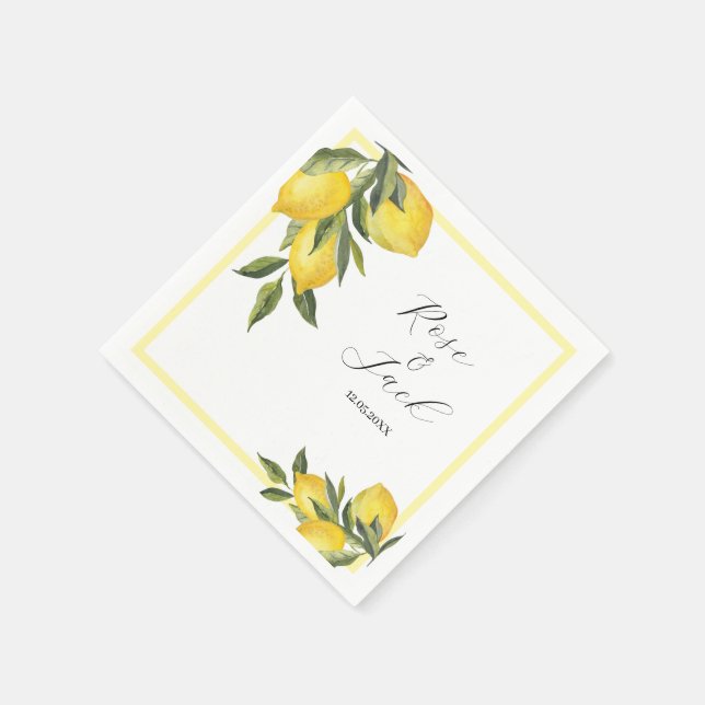 Watercolor Lemon Garden White Wedding Napkin (Corner)