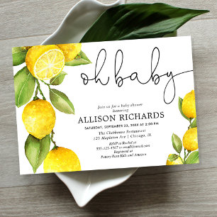 Watercolor lemon gender neutral yellow baby shower invitation