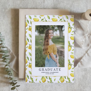 Watercolor Lemon Greenery Pattern Photo Graduation Invitation