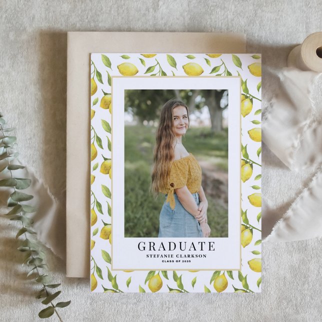 Watercolor Lemon Greenery Pattern Photo Graduation Invitation (Customizable photo graduation invitation featuring watercolor lemon pattern.)