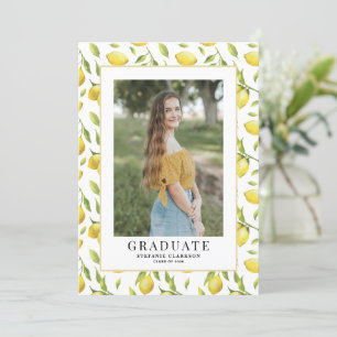 Watercolor Lemon Greenery Pattern Photo Graduation Invitation