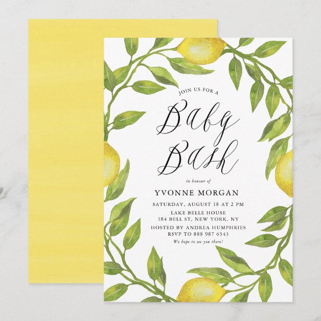 Watercolor Lemon Greenery Wreath Baby Shower Bash Invitation (Front/Back)