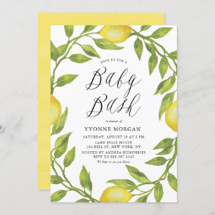 Watercolor Lemon Greenery Wreath Baby Shower Bash Invitation