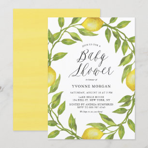 Watercolor Lemon Greenery Wreath Baby Shower Invitation
