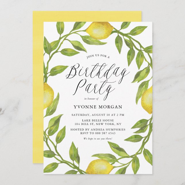 Watercolor Lemon Greenery Wreath Birthday Party Invitation (Front/Back)