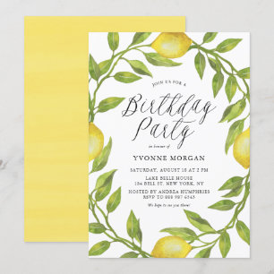 Watercolor Lemon Greenery Wreath Birthday Party Invitation