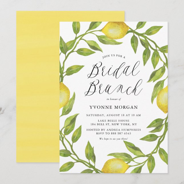 Watercolor Lemon Greenery Wreath Bridal Brunch Invitation (Front/Back)