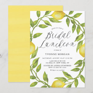 Watercolor Lemon Greenery Wreath Bridal Luncheon Invitation