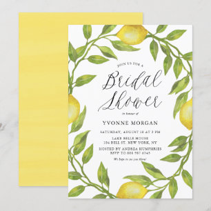 Watercolor Lemon Greenery Wreath Bridal Shower Invitation