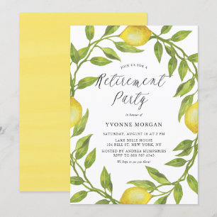 Watercolor Lemon Greenery Wreath Retirement Party Invitation