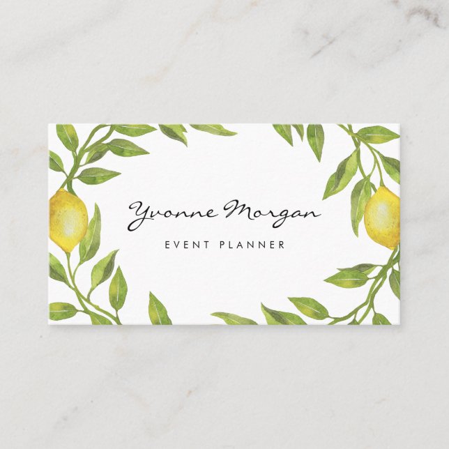 Watercolor Lemon Greenery Wreath Script Business Card (Front)