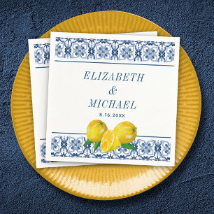 Watercolor Lemon Italian Blue Tile Wedding Napkin