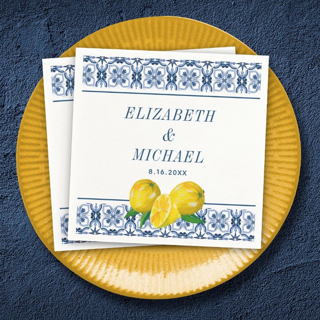 Watercolor Lemon Italian Blue Tile Wedding Napkin (An elegant Mediterranean lemon wedding napkin.)