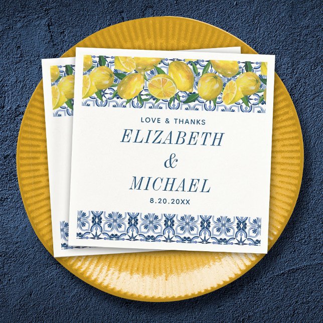 Watercolor Lemon Italian Blue Tile Wedding Napkin (An elegant Mediterranean lemon wedding napkin)