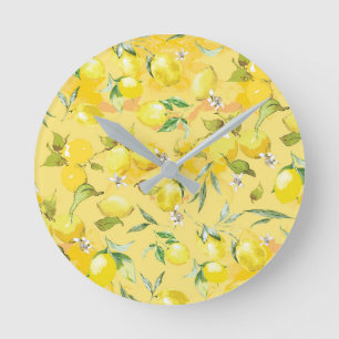 Watercolor lemon IV Round Clock