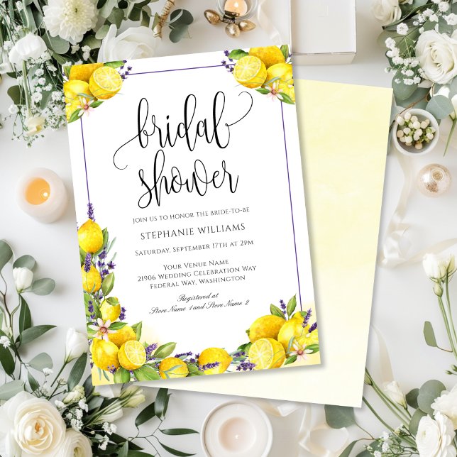 Watercolor Lemon Lavender Boho Bridal Shower Invitation (Watercolor Lemon Lavender Boho Bridal Shower Invitation)