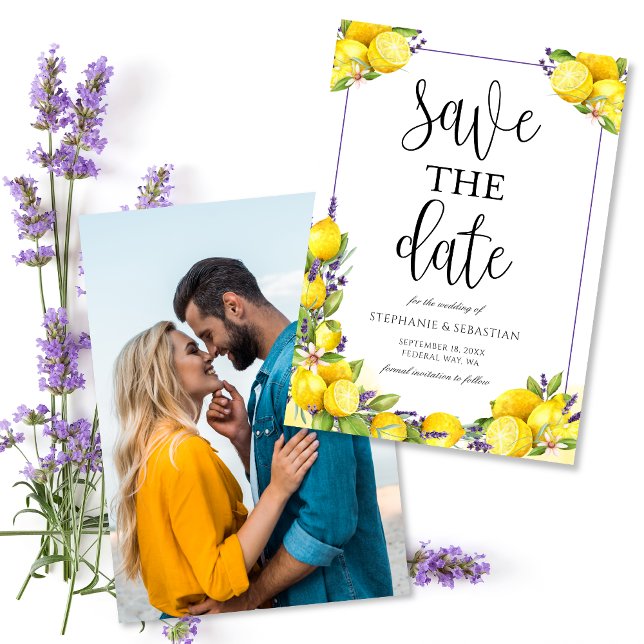 Watercolor Lemon Lavender Photo Wedding Save The Date (Watercolor Lemon Lavender Photo Wedding Save The Date)