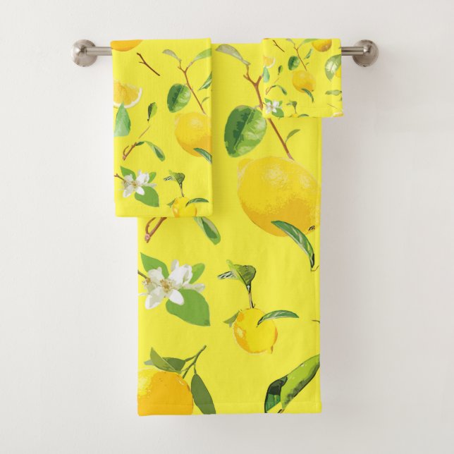 Watercolor Lemon & Leaves 4 Bath Towel Set (Insitu)