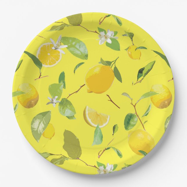Watercolor Lemon & Leaves 4 Paper Plate (Front)