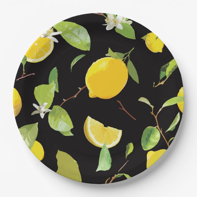 Watercolor Lemon & Leaves Paper Plate (Front)