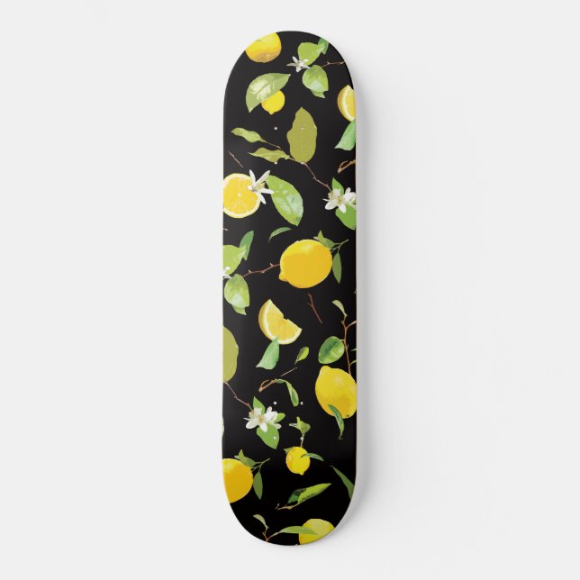 Watercolor Lemon & Leaves Skateboard (Front)