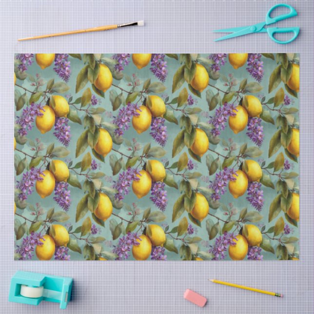 Watercolor Lemon & Lilac Flowers Pattern Tissue Paper (Craft)