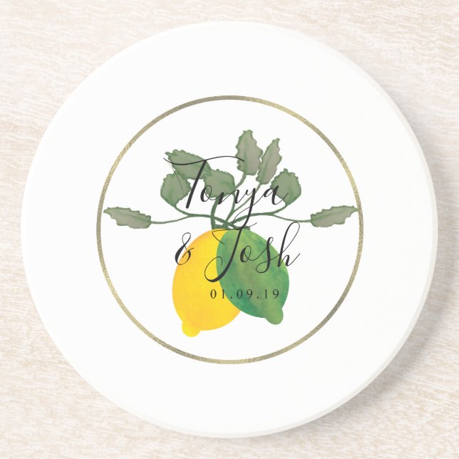 Watercolor Lemon Lime Limoncello Faux Gold Wedding Coaster (Front)