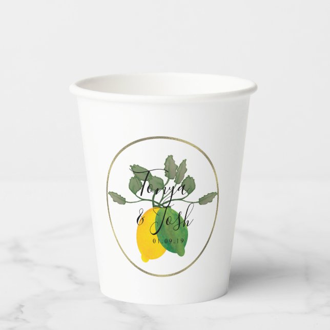 Watercolor Lemon Lime Limoncello Faux Gold Wedding Paper Cups (Front)