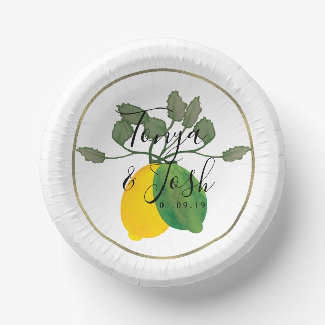 Watercolor Lemon Lime Limoncillo Faux Gold Wedding Paper Plate (Front)
