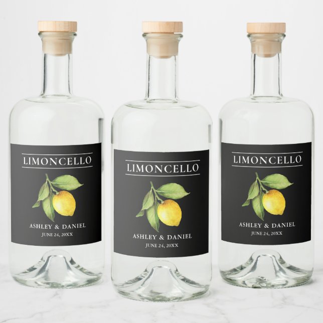 Watercolor Lemon Limoncello Black Bottle Label (Bottles)