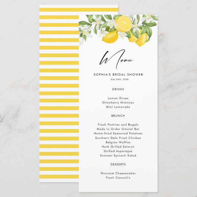 Watercolor Lemon Main Squeeze Bridal Shower  Menu (Front/Back)