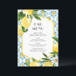 Watercolor Lemon Mediterranean Bar Menu Card<br><div class="desc">This customisable lemon bar menu card features watercolour lemons,  greenery,  and a Mediterranean tile pattern. Personalise by adding a date and meal choice. This lemon menu card is perfect for summer weddings,  baby showers,  bridal showers,  birthdays,  and so much more.</div>