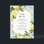 Watercolor Lemon Mediterranean Bar Menu Card<br><div class="desc">This customisable lemon bar menu card features watercolour lemons,  greenery,  and a Mediterranean tile pattern. Personalise by adding a date and meal choice. This lemon menu card is perfect for summer weddings,  baby showers,  bridal showers,  birthdays,  and so much more.</div>