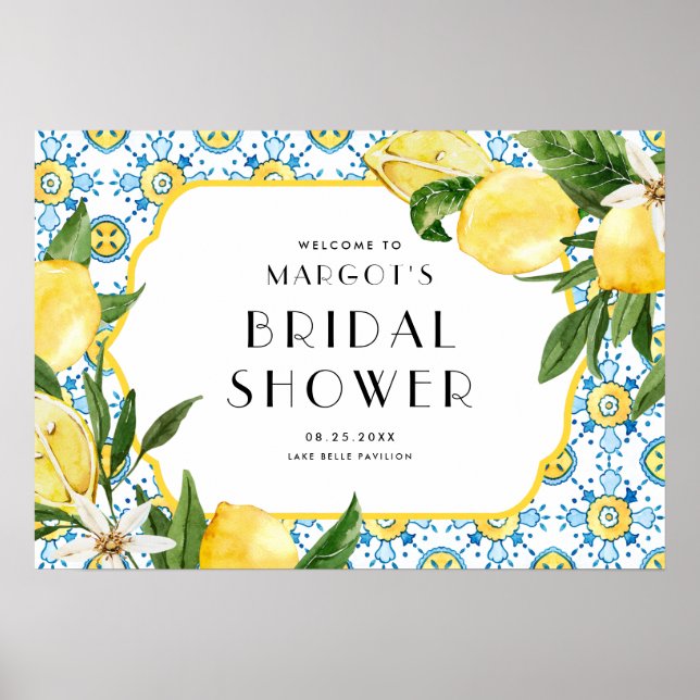 Watercolor Lemon Mediterranean Bridal Shower Poster (Front)