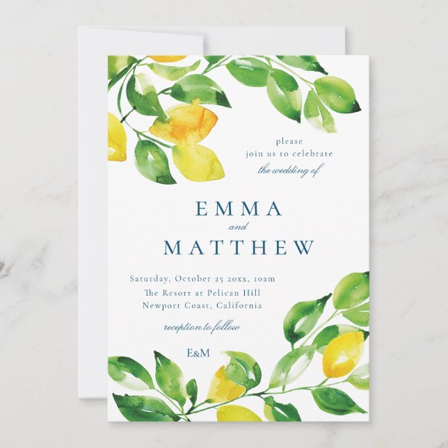 Watercolor lemon mediterranean  invitation (Front)