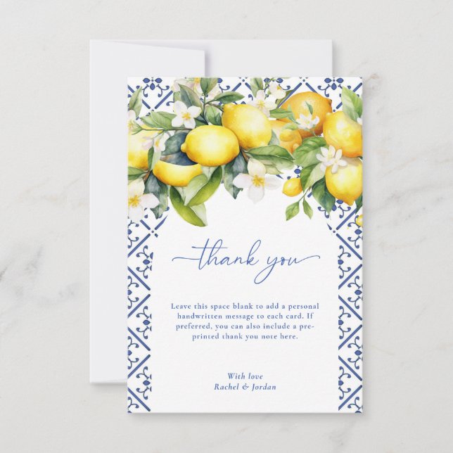 Watercolor Lemon Mediterranean Italian Wedding Thank You Card (Front)