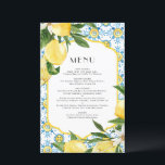 Watercolor Lemon Mediterranean Pattern Menu Card<br><div class="desc">Customisable lemon wedding menu card. It features watercolor lemon,  greenery,  and a Mediterranean tile pattern. Personalise by adding date and meal choice. This lemon menu card is perfect for summer weddings,  baby showers,  bridal showers,  birthdays,  and so much more.</div>