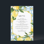 Watercolor Lemon Mediterranean Pattern Menu Card<br><div class="desc">Customisable lemon wedding menu card. It features watercolor lemon,  greenery,  and a Mediterranean tile pattern. Personalise by adding date and meal choice. This lemon menu card is perfect for summer weddings,  baby showers,  bridal showers,  birthdays,  and so much more.</div>