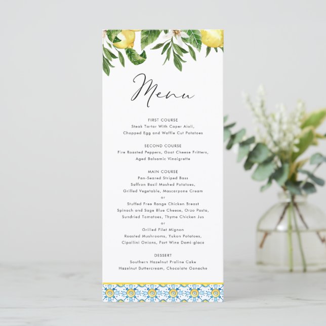 Watercolor Lemon Mediterranean Pattern Wedding Menu (Standing Front)