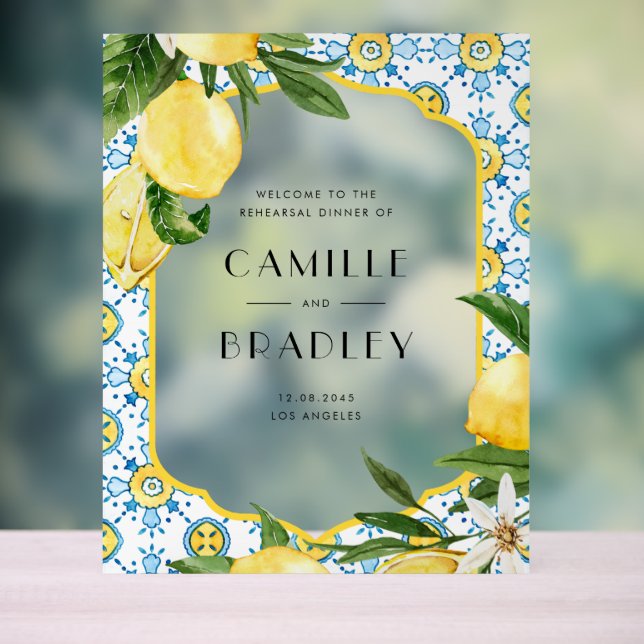 Watercolor Lemon Mediterranean Rehearsal Dinner Acrylic Sign (Neutral)