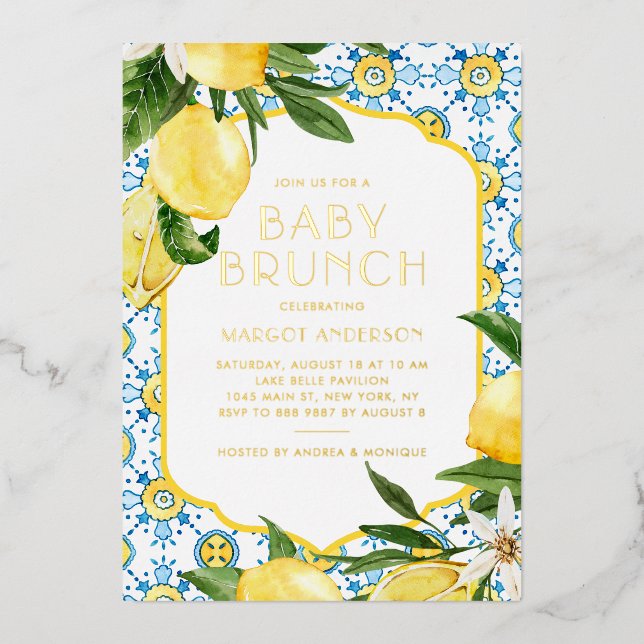 Watercolor Lemon Mediterranean Summer Baby Brunch (Front)