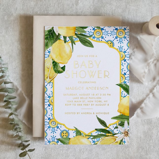 Watercolor Lemon Mediterranean Summer Baby Shower (Mediterranean-inspired foil baby shower invitation featuring watercolor tile pattern and lemons. )