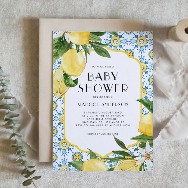 Watercolor Lemon Mediterranean Summer Baby Shower Invitation (Customizable Mediterranean-theme baby shower invitation featuring Moroccan tile and lemon design.)
