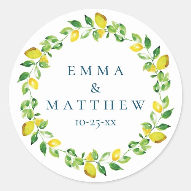 Watercolor Lemon Mediterranean Wedding Logo Classic Round Sticker (Front)