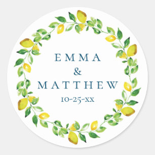 Watercolor Lemon Mediterranean Wedding Logo Classic Round Sticker