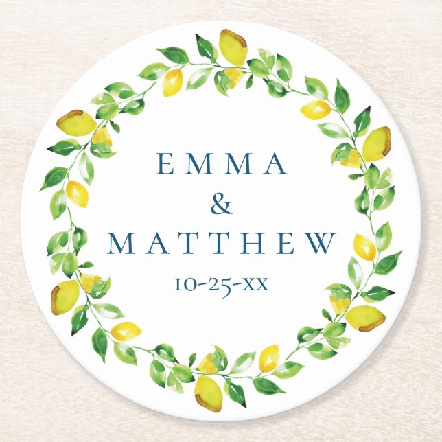 Watercolor Lemon Mediterranean Wedding Logo Round Paper Coaster (Front)