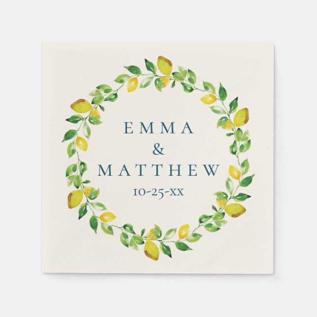 Watercolor Lemon Mediterranean Wreath Wedding Logo Napkin (Front)